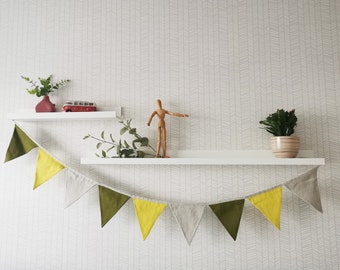 Linen Bunting, Kids Linen Garland, Nursery Wall Hanging Gift, Baby Room Flag Accessory, Green Yellow Spring Banner, Easter Decoration