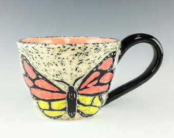 Handmade Ceramic Sgraffito Butterfly Mug