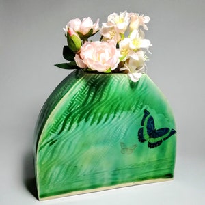 Handmade Ceramic Jade Green Vase with Gold and Blue Butterfly Decoration