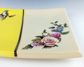 Handmade Ceramic Serving Tray with Bird, Flowers and 22k GOLD detailing