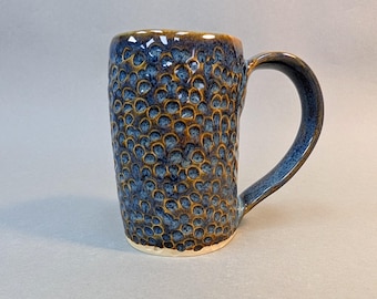Hand Carved Blue Ceramic Mug: Handmade Stoneware Coffee Cup