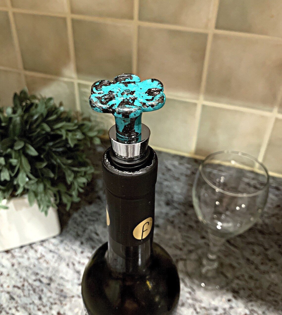 Decorative wine stopper / green cast iron flower bottle Etsy