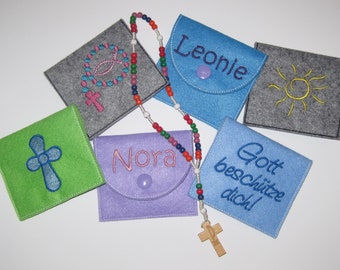 Rosary bag embroidered with motif and name