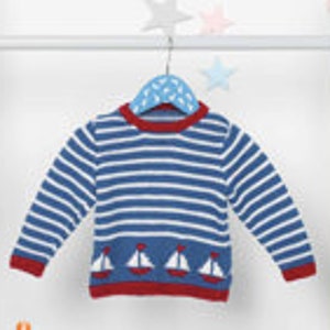 May include: A blue and white striped sweater with a red trim and a design of sailboats on the bottom.
