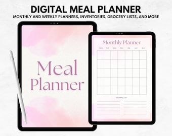 Planificador de comidas digital, planificadores semanales y mensuales, lista de compras, inventario de alimentos, descarga instantánea imprimible
