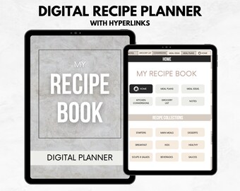 Planificador de recetas digitales con hipervínculos, planificación de comidas, lista de compras, recetas