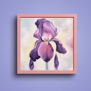 Flower Wall Art Purple Iris Oil Painting on Canvas, Realistic Floral Drawing, Square Spring Painting, Kitchen Wall Decor, Flower Home Decor