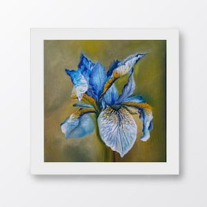 Flower Wall Art Blue Iris Oil Painting on Canvas, Small Square Realistic Hand Painted Floral Art Work, Flower Home Decor, Flower Gift