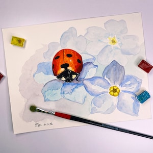 Dipinto ad acquerello di coccinella carina A4, illustrazione botanica, coccinella ad acquerello, disegno di insetto su fiore, arte murale di coccinella, decorazione murale per la casa