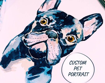 Aquarel huisdier portret Franse bulldog, hond gedenkteken schilderij kunstwerk, handgeschilderde dieren minnaar cadeau, gepersonaliseerde muur kunst decor