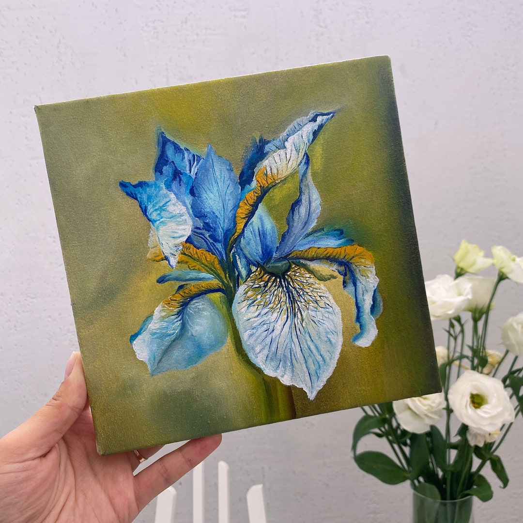 Blue Iris Oil Painting on Canvas, Realistic Hand Painted Flower Wall ...