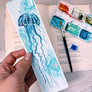 Hand Painted Watercolor Bookmark Jellyfish, Ocean Creatures, Marine Handmade Bookmarks, Bookworm Gift, Gift for Book Lover, Book Club Gifts