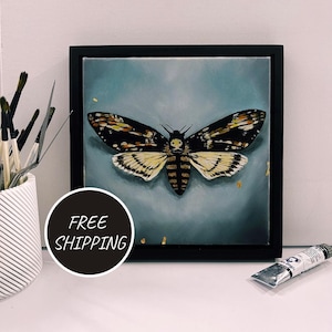 Deathhead Moth Oil Painting: Framed Gothic Wall Art with Gold Leaf