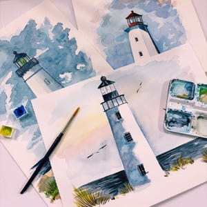 Lighthouse Watercolor Painting, Wall Art Original, Sea Landscape Hand Drawn Art Work, Ocean Painting, Blue Wall Decor, Nautical Wall Decor