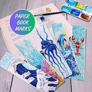 Handpainted Watercolor Bookmark Set: Ocean Theme Glitter Bookmarks