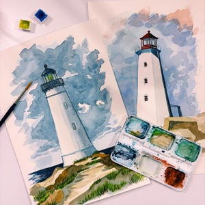 Watercolor Lighthouse Painting: Hand-Drawn Sea Landscape, Nautical Wall Decor