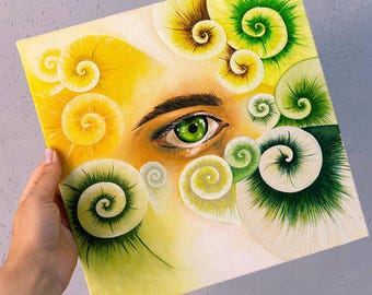 May include: A painting featuring a green-eyed human eye surrounded by yellow and green spiral designs. The artwork has a soft, blended style with a focus on the eye and the swirling patterns, creating a surreal effect.