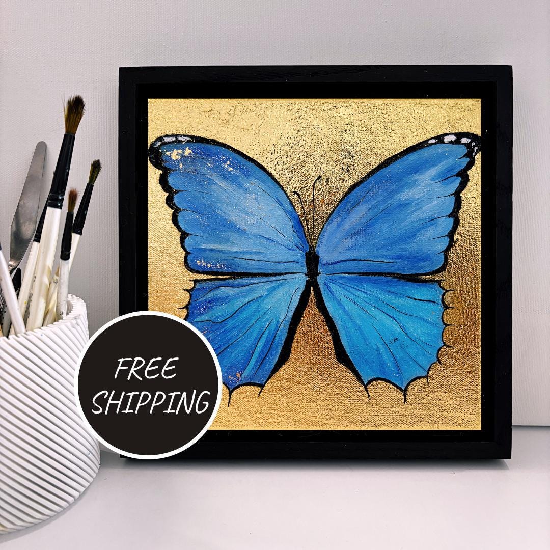 Blue Morpho Butterfly Oil Painting, Square Framed Hand Painted ...