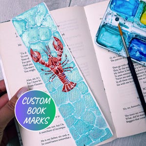 Ocean Creatures Custom Bookmarks - Lobster, Hand Painted Watercolor Bookmarks, Paper Bookmark, Van Gogh Glitter Paints, Gifts for Readers