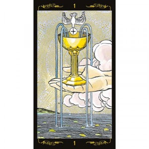 May include: Tarot card illustration featuring a golden chalice held in a hand, with water flowing from it. A dove with a cross hovers above the chalice. The card is numbered "1" at the top and bottom, set against a black border.