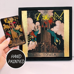 Okkultismus Wandkunst, Tarot Karte The Tower 16 Major Arcana Ölgemälde, Reiter Wartedeck, okkultes Wohndekor, magisches metaphysisches Geschenk für Sie