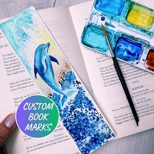 Custom Bookmarks - Dolphin, Hand Painted Watercolor Bookmarks, Van Gogh Glitter Paints, Handmade Personalized Graduation Gifts