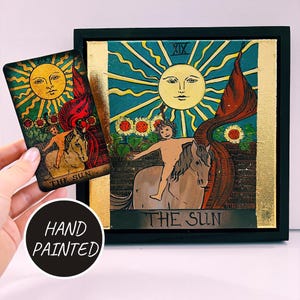 Heidentum Wandkunst, Tarot Karte Die Sonne 19 Major Arcana Ölgemälde, Reiter Warte Deck, Weissagung Wanddekor Kunst, Hexerei Geschenk für Sie