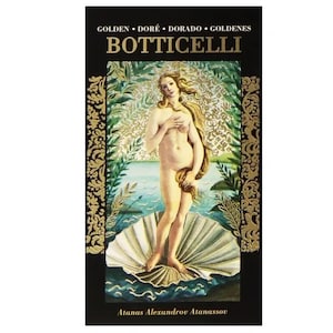 Puede incluir: Un producto rectangular negro con el nombre "BOTTICELLI" en letras blancas. La imagen presenta a una mujer desnuda de pie en una concha, con el texto "GOLDEN • DORÉ • DORADO • GOLDENES" en la parte superior. El nombre del artista, "Atanas Alexandrov Atanassov", está en la parte inferior.
