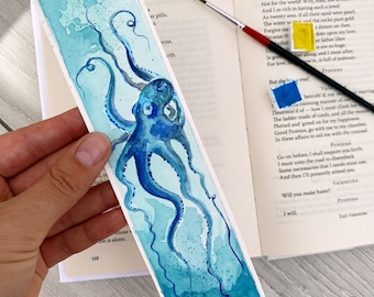 Watercolor paper bookmark octopus, Art bookmark, Marine handpainted bookmarks, Bookworm gift, Unique handmade gift for book lover