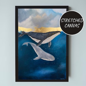 Arte de parede surrealista, pintura a óleo sobre tela de baleia azul - obra de arte única com folha de ouro - decoração náutica para casa - presente de casamento para casal
