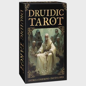May include: A black rectangular tarot deck box titled DRUIDIC TAROT in gold lettering. The front features an illustration of a long-haired figure in white robes seated among a group of people. The names Andrea Cogerino and David Lopes are printed below.