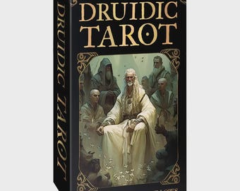 May include: A black rectangular tarot deck box titled DRUIDIC TAROT in gold lettering. The front features an illustration of a long-haired figure in white robes seated among a group of people. The names Andrea Cogerino and David Lopes are printed below.