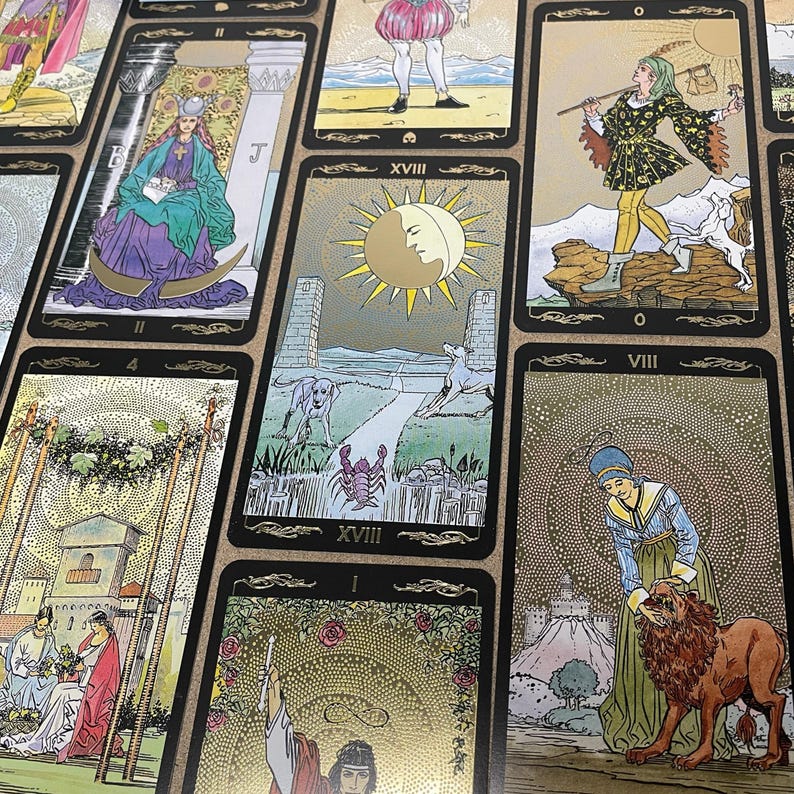 May include: A collection of tarot cards with detailed illustrations. The cards feature images of figures, animals, and celestial bodies in a vintage style. The color palette includes gold, black, and various earth tones, creating a mystical aesthetic.