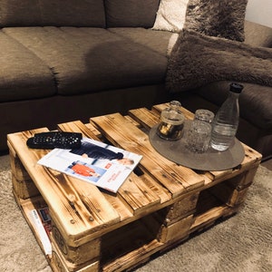 Puede incluir: Una mesa de centro de madera r&uacute;stica hecha de palets reutilizados. La mesa tiene un acabado de madera natural y presenta un aspecto desgastado. Tiene una revista y un mando a distancia en la parte superior, junto con un tarro de vidrio, dos vasos y una botella de agua sobre un posavasos redondo tejido.