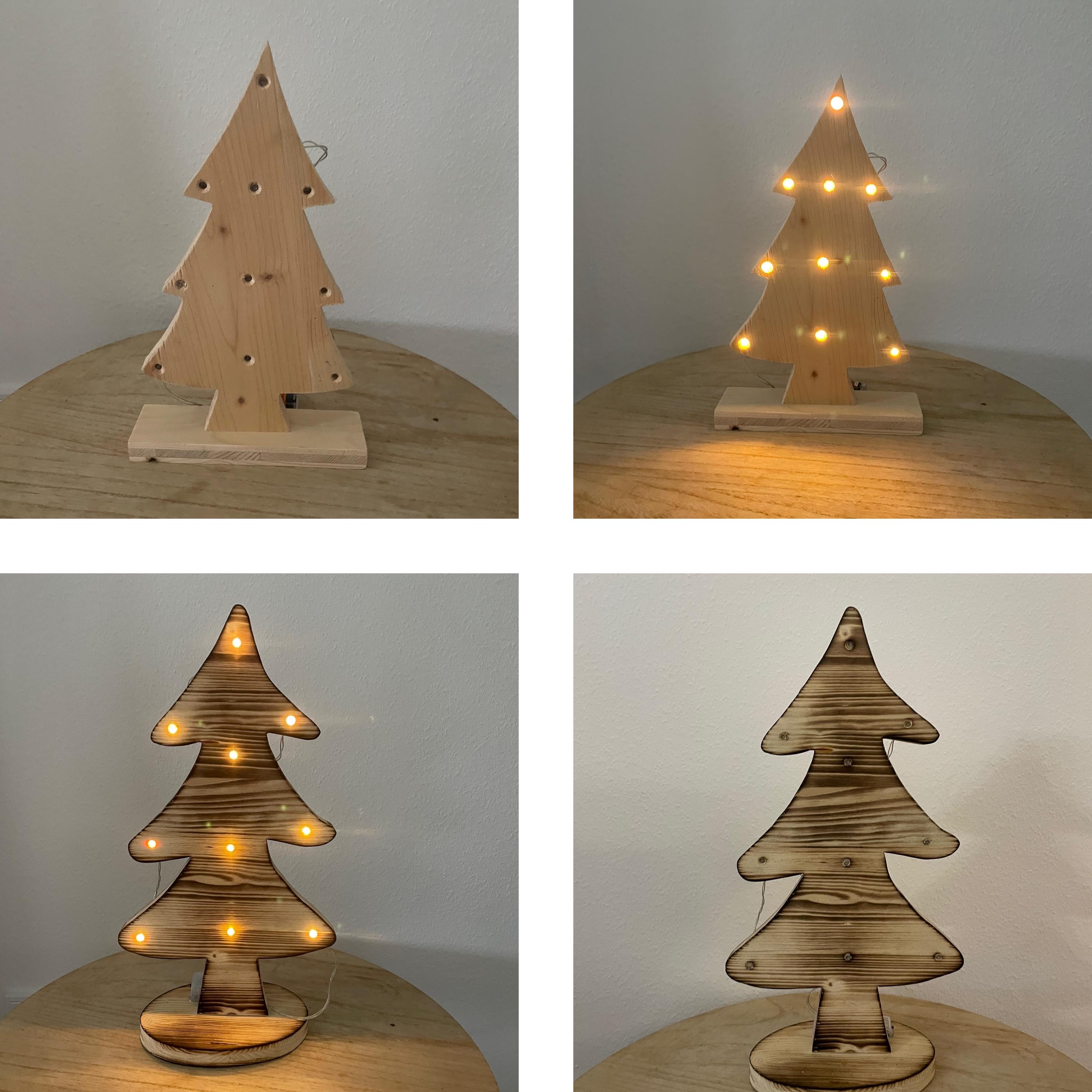 2er Set LED Weihnachtsbaum Aus Holz – Beleuchtet Mit Milchglas-Lichterkette – Tischdeko Für Innen & Außen, Warme Vintage-Optik