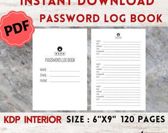 Password Log Book Organizer Logins KDP Interior Template Printable PDF File | Low Content Book KDP Interior | Commercial Use 6"x9"|120 Page