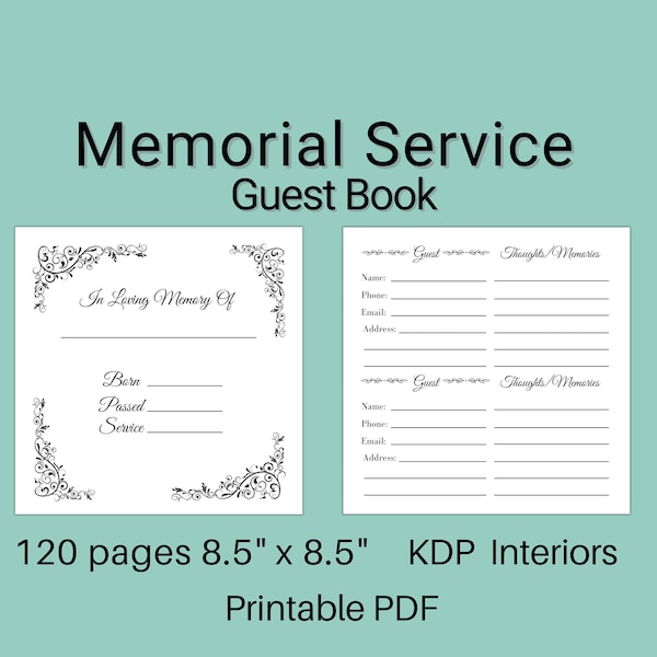 Funeral Memorial Template 8.5 x 8.5 inches 120 Page Printable PDF File | Low Content Book KDP Interior | Commercial Use