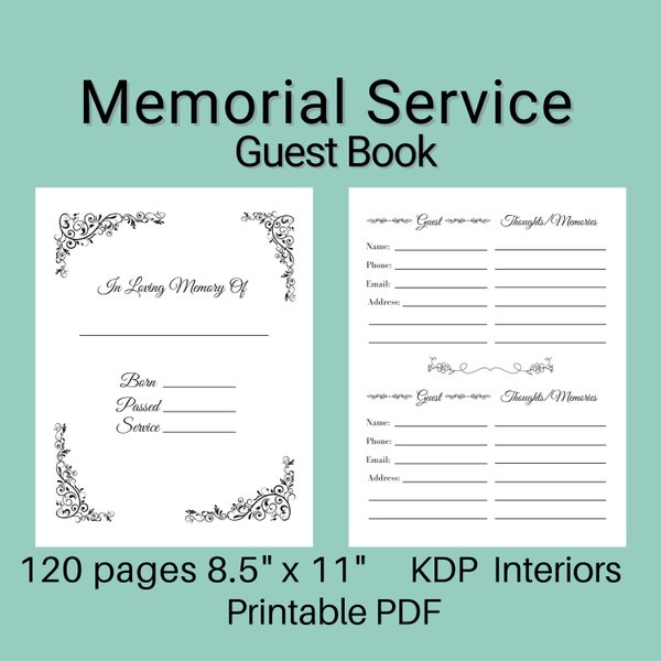 Funeral Memorial Template 8.5 x 11 inches 120 Page Printable PDF File | Low Content Book KDP Interior | Commercial Use