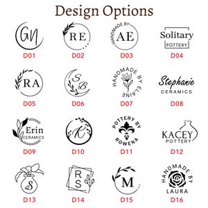 Puede incluir: Una selecci&oacute;n de opciones de dise&ntilde;o en blanco y negro para cer&aacute;mica, con varios logotipos circulares y cuadrados con iniciales, elementos florales y texto como "Solitary Pottery" y "Stephanie Ceramics". Los dise&ntilde;os est&aacute;n etiquetados D01 a D16.