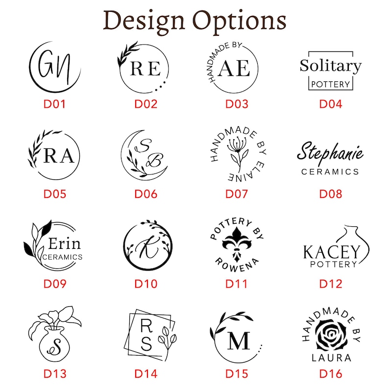 Puede incluir: Una selecci&oacute;n de opciones de dise&ntilde;o en blanco y negro para cer&aacute;mica, con varios logotipos circulares y cuadrados con iniciales, elementos florales y texto como "Solitary Pottery" y "Stephanie Ceramics". Los dise&ntilde;os est&aacute;n etiquetados D01 a D16.