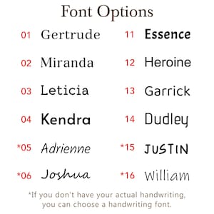 A list of 16 font options for custom pottery name stamps, including elegant script and modern serif styles. Notes that if no handwriting is provided, these fonts can be used for clay signatures.