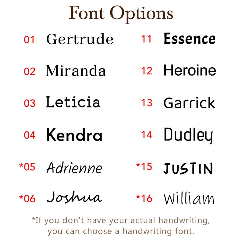 A list of 16 font options for custom pottery name stamps, including elegant script and modern serif styles. Notes that if no handwriting is provided, these fonts can be used for clay signatures.