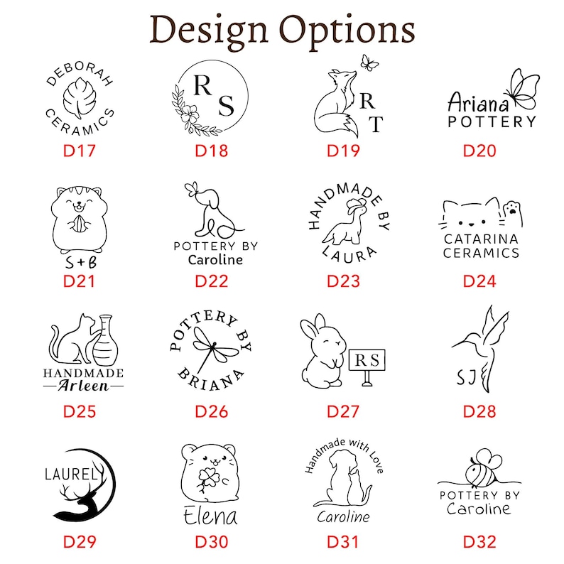 Puede incluir: Una colecci&oacute;n de opciones de dise&ntilde;o en blanco y negro para cer&aacute;mica, con varias ilustraciones como animales, plantas e iniciales. Cada dise&ntilde;o est&aacute; etiquetado con un c&oacute;digo &uacute;nico, incluyendo nombres como Deborah Ceramics y Ariana Pottery.