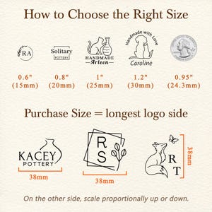 Size guide for custom pottery stamps, ranging from 0.6" (15mm) to 1.5" (38mm). Comparison shows how the purchase size is determined by the longest side of your logo or maker's mark.