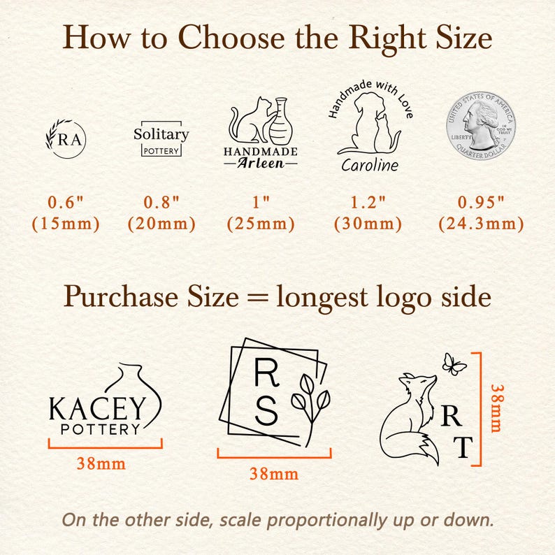 Size guide for custom pottery stamps, ranging from 0.6" (15mm) to 1.5" (38mm). Comparison shows how the purchase size is determined by the longest side of your logo or maker's mark.