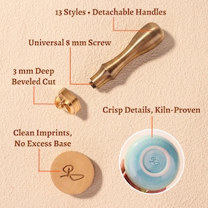 Technical details of a professional pottery tool: universal 8mm screw for detachable handles, 3mm deep beveled cut for clean clay imprints, and kiln-proven solid brass material.