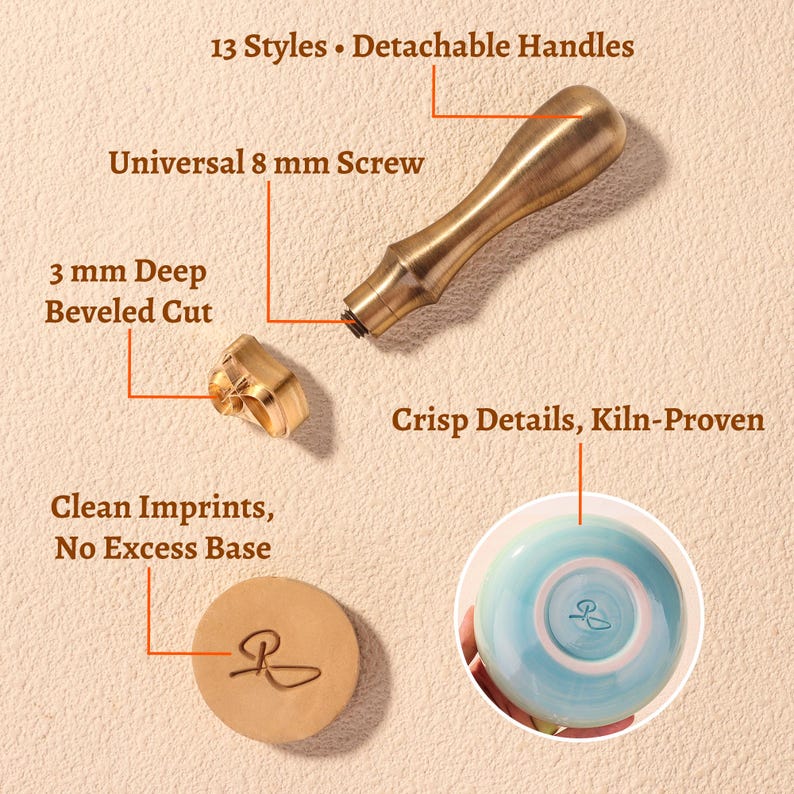 Technical details of a professional pottery tool: universal 8mm screw for detachable handles, 3mm deep beveled cut for clean clay imprints, and kiln-proven solid brass material.