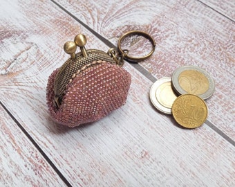 Cute beaded aesthetic keychain with metal frame pouch, Crochet coin purse, Small vegan wallet.