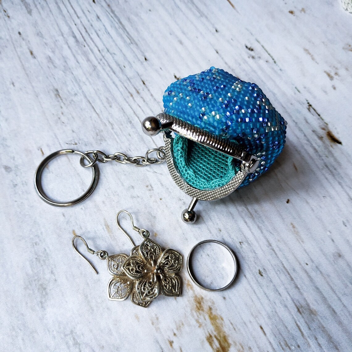 Blue tiny beaded coin purse keychain with kiss lock Metal Etsy