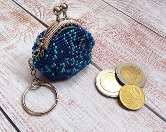 Blue crochet pill holder keychain coin purse, Travel jewelry case, Aesthetic wallet, Ukraine shop.